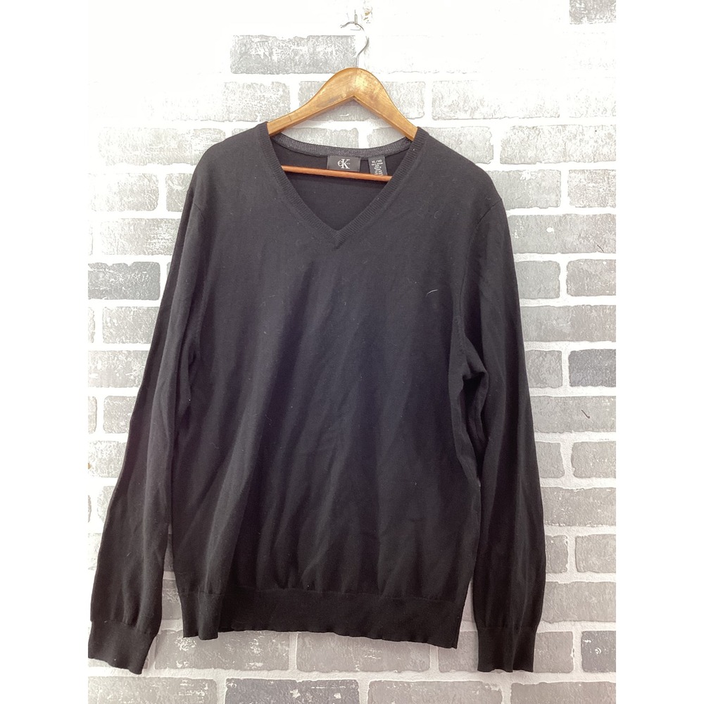 Calvin Klein Mens XL Black 100% Merino Wool V-Neck Long Sleeve Knit Sweater